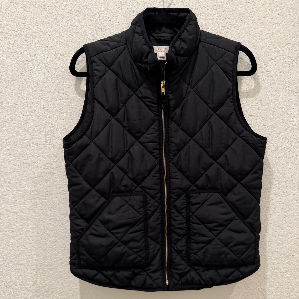 J.Crew Womens Excursion Quilted Puffer Vest Black Size M Diamond Pattern Zip Up